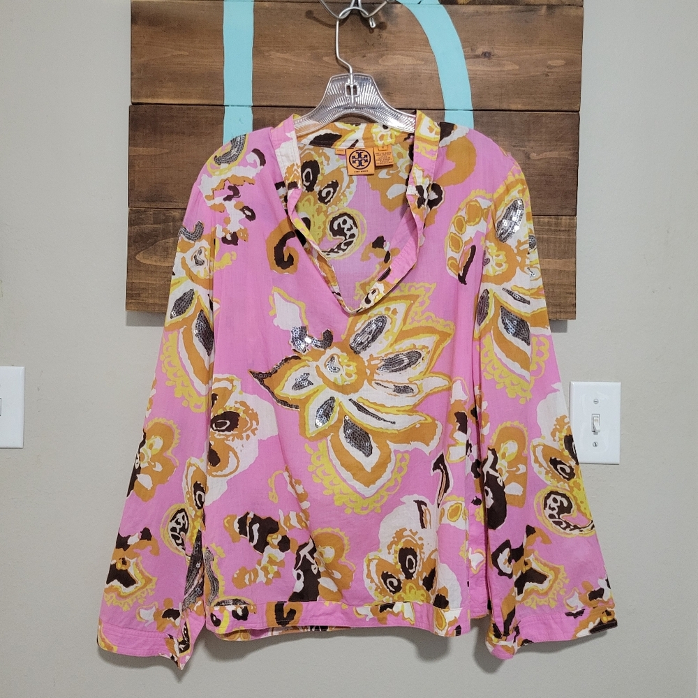 Tory Burch Floral Pink Sequence Long Sleeve Tunic Top Cover Up Lightweight Large